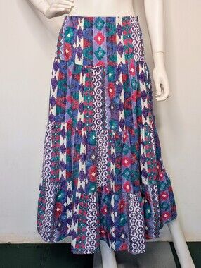 Vintage 90s Purple, Teal, & Pink Southwest Pattern Tiered Maxi Skirt Western